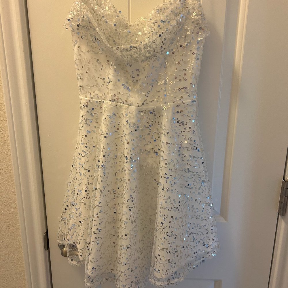 Selfie Leslie White Sequin Scoop Neck Mini Dress